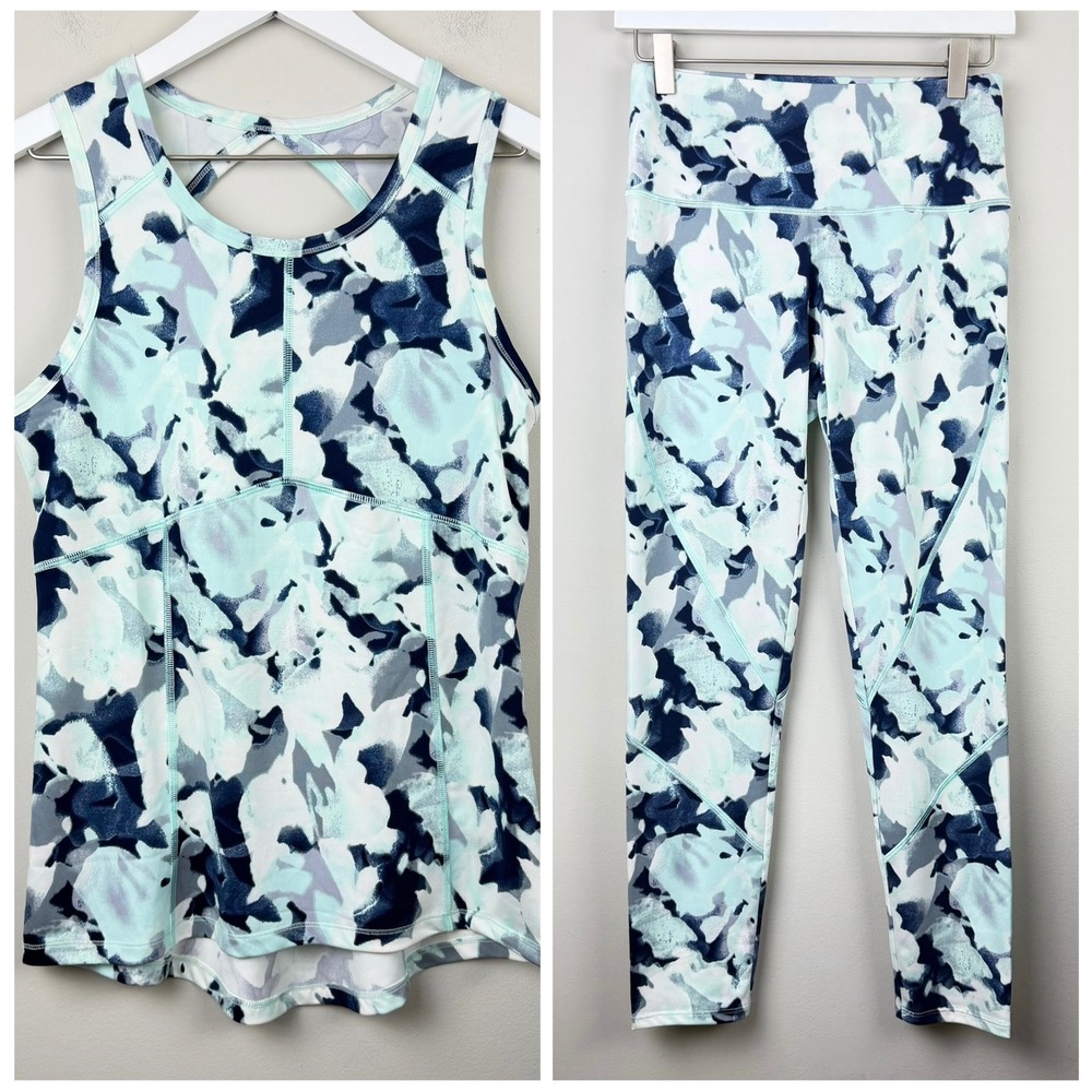 Natori Power Petal Activewear Set Blue Floral Tank Top Leggings‎ Small NWT